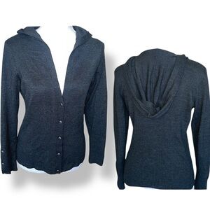 Sporty Charcoal Gray Knit Hooded Cardigan Button Front Sweater Ribbed Trim Sz S
